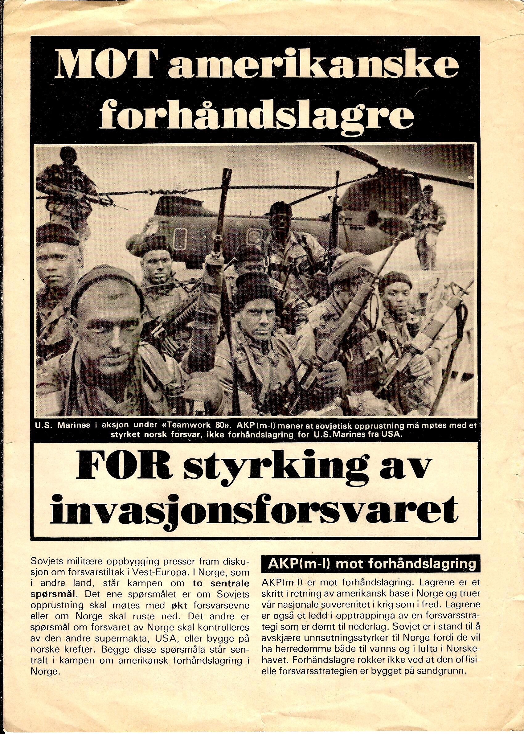 Mot amerikanske forhåndslagre – for styrking av invasjonsforsvaret